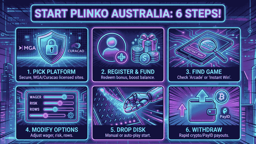 Six-step Plinko Australia guide covering platform selection, registration, gameplay setup, and withdrawal process.